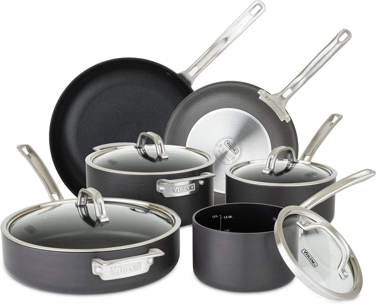 Viking Pots and Pans Set Non Stick, 10 Piece Hard Anodized Kitchen Cookware with Glass Lids, Black