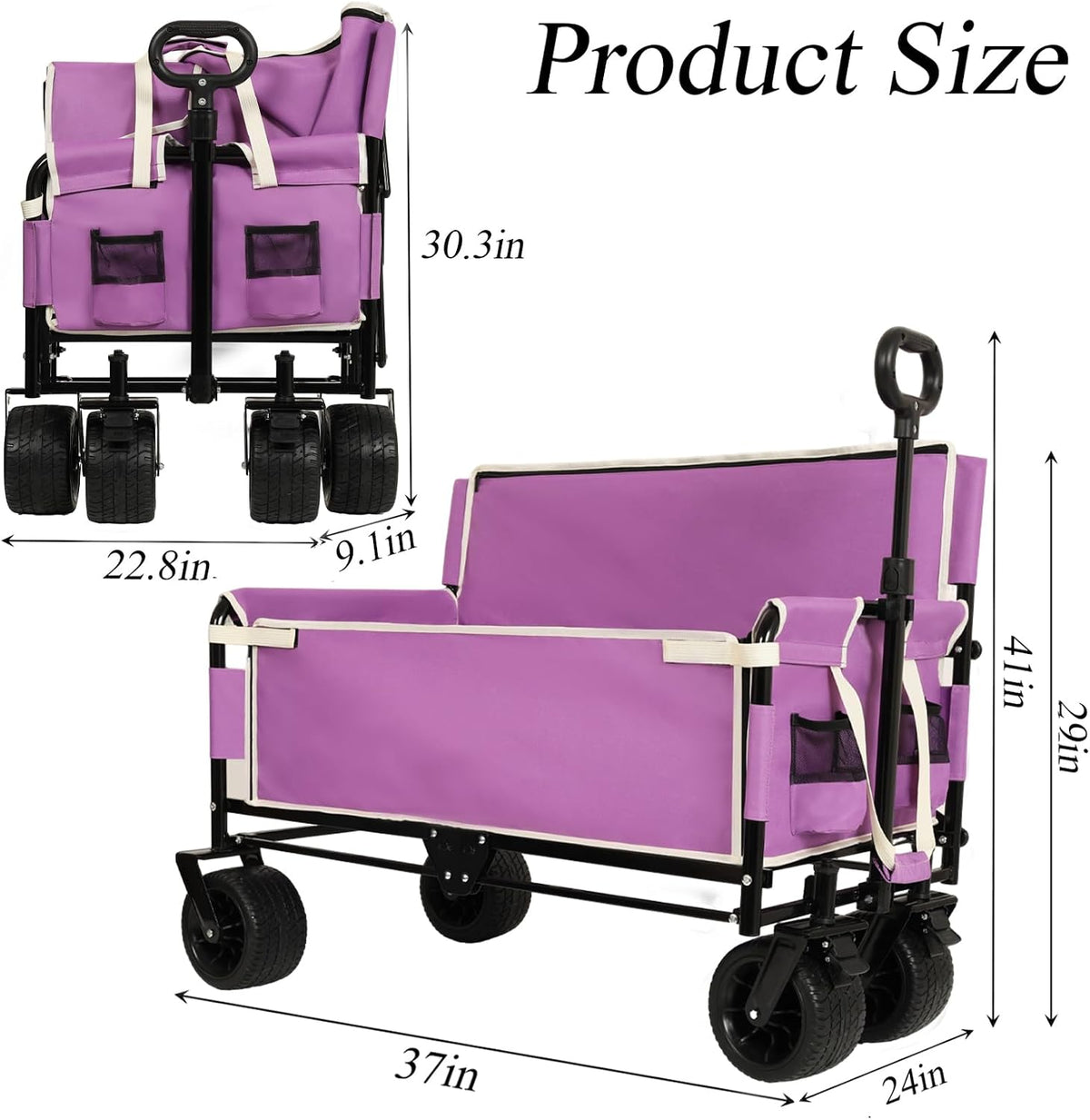 3-in-1 Convertible Folding Wagon Cart with Bench Seat & Storage - 500lbs Heavy-Duty Utility Wagon, 180L Capacity All-Terrain Wheels for Camping, Beach, Sports, Garden (Purple)