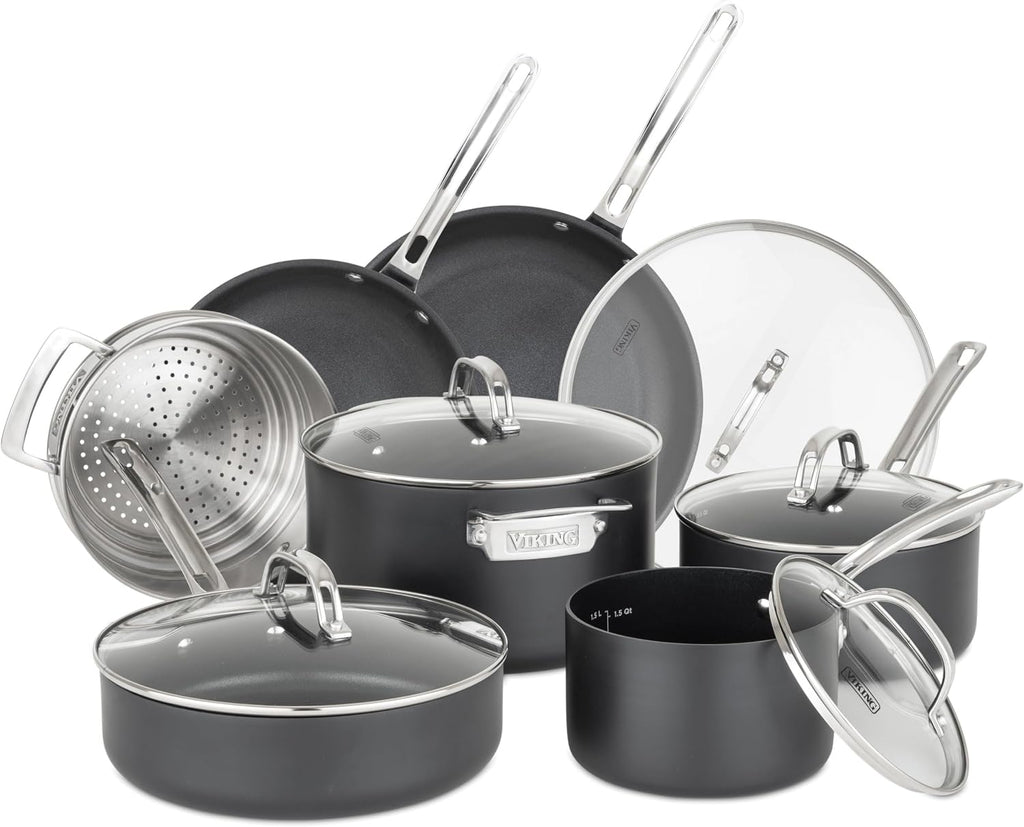 Viking Pots and Pans Set Non Stick,12 Piece Hard Anodized Kitchen Cookware with Glass Lids, Black