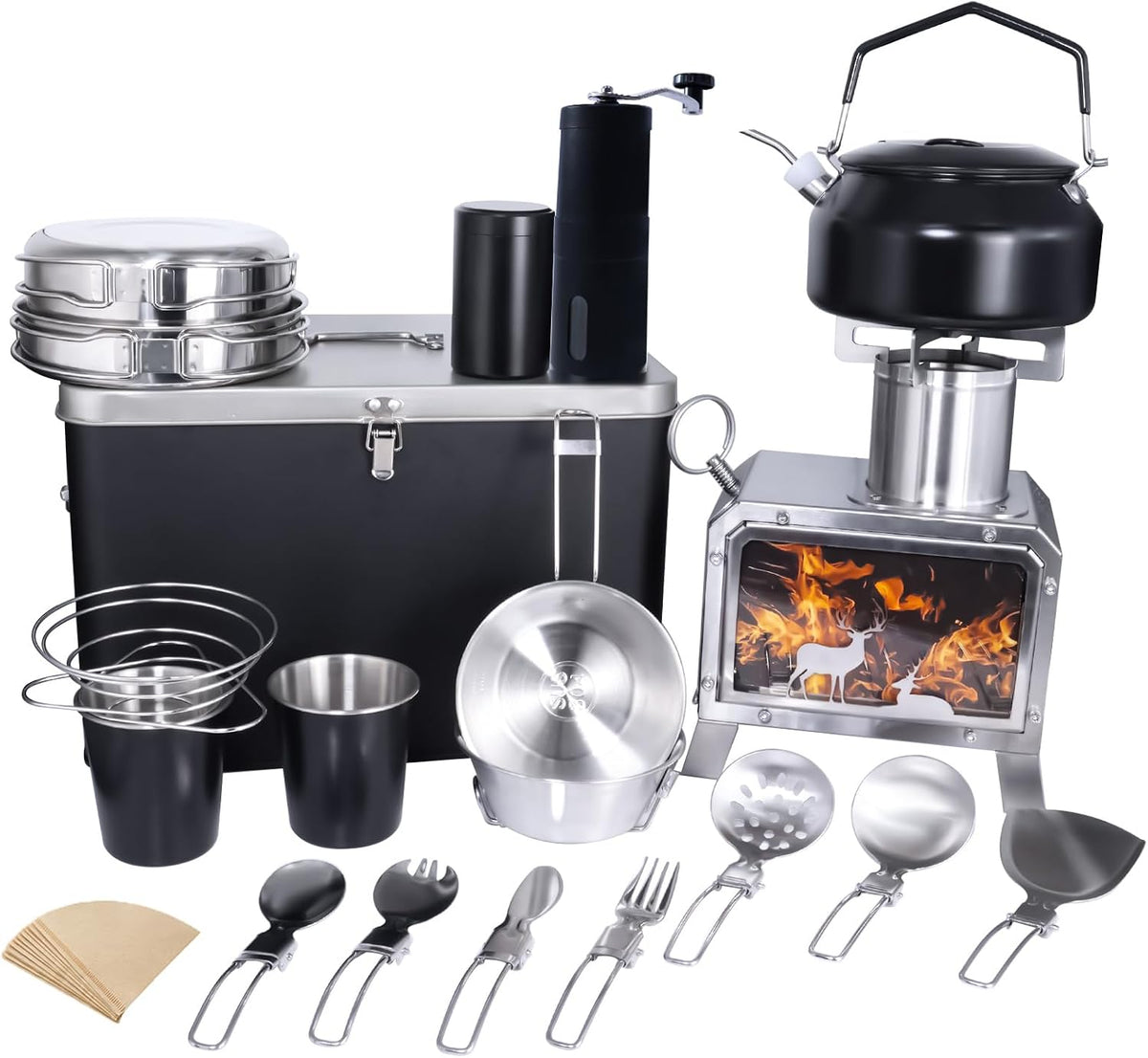 SOTECH Camping Cookware Set, 20 Pieces, Stainless Steel and Black