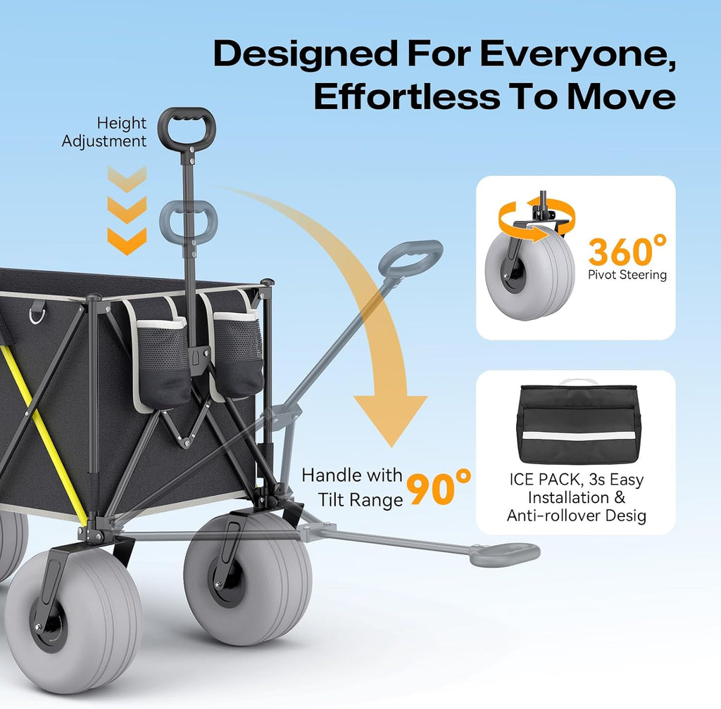 Premium 10.5' Balloon Wheels Beach Wagon - 450LBS Heavy Duty Sand Wagon, Foldable All Terrain Collapsible Utility Wagon with Removable Cooler Bag, Easy Roll for Soft Sand Family Camping-Black