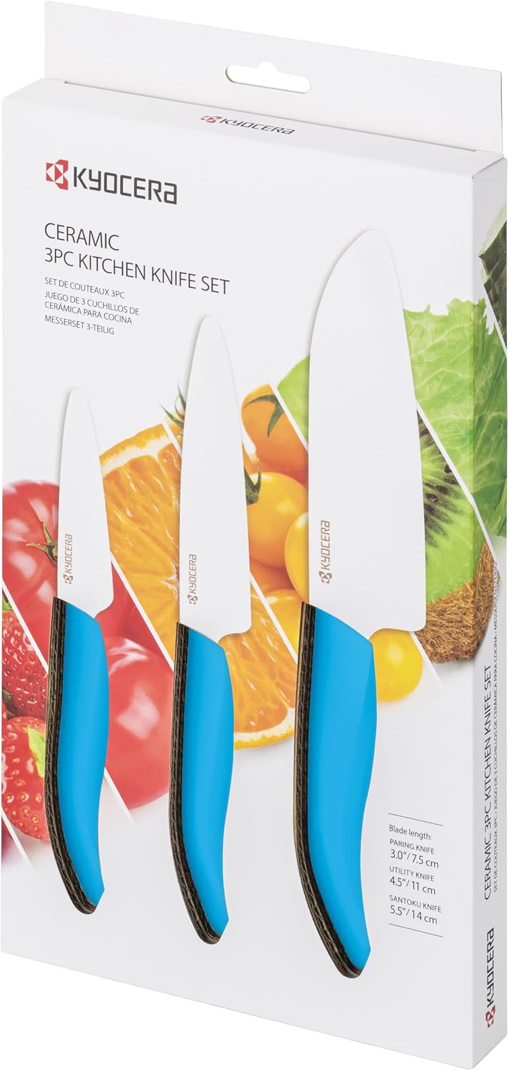 Kyocera 610445-FK-3PC-WHBU 3Piece Advanced ceramic Revolution Series Knife Set, Blade Sizes: 5.5', 4.5', 3', Blue