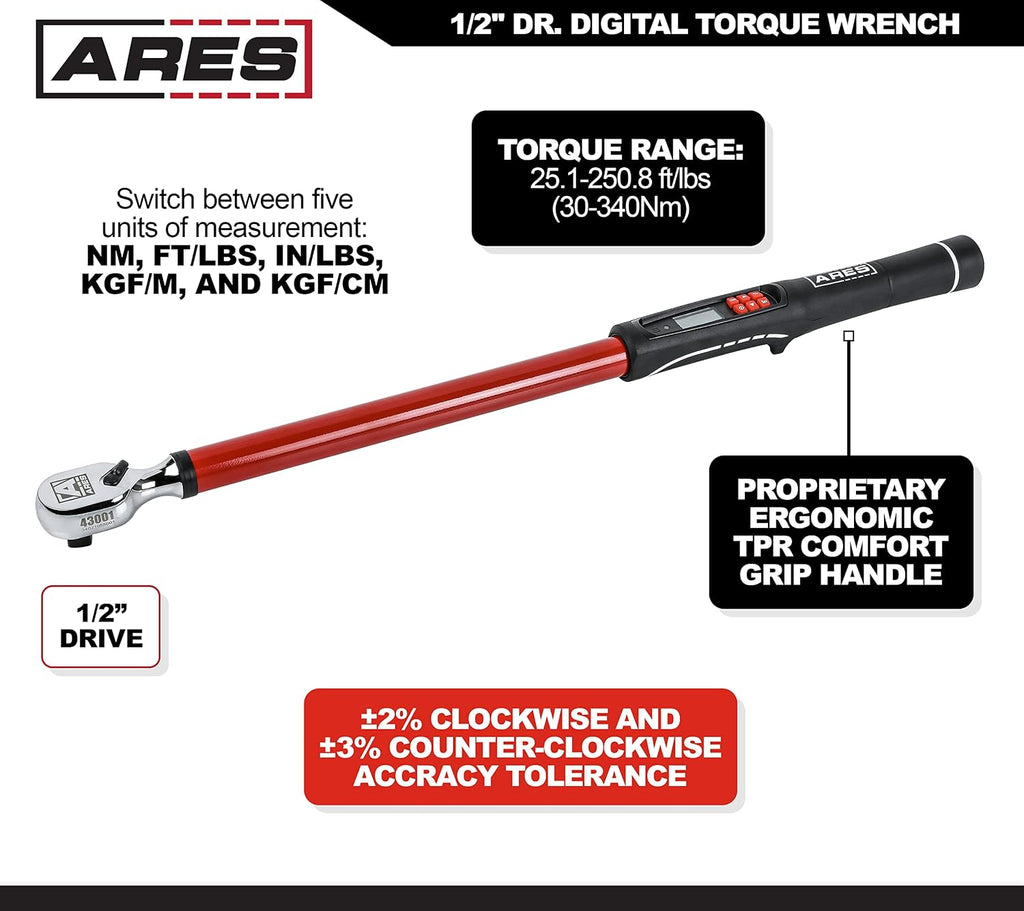 ARES 43001-1/2-Inch Drive Digital Torque Wrench – 25.1-250.8 ft-lb (30-340 Nm) Electronic Reversible Ratchet, Audio/Visual Multi-Alert, ±2% Accuracy – For Auto, Motorcycle, Mechanics