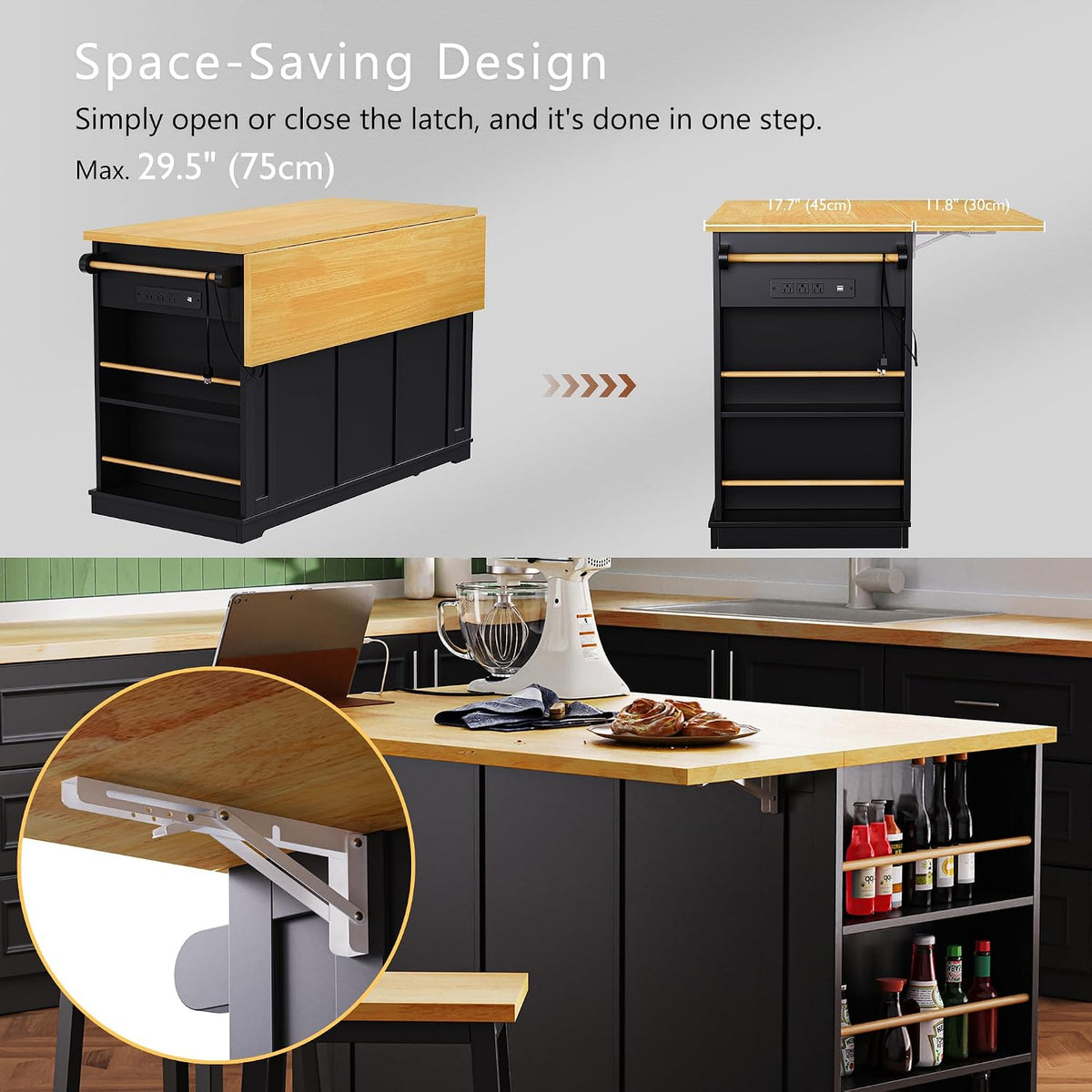 Kitchen Storage Island on Wheels with Drop Leaf & Power Outlet, Rolling Kitchen Island Cart with Open Side Racks, Door Shelves and Towel Bar, 53-Inch, Black
