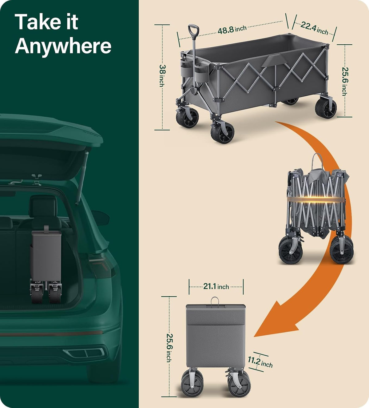 440Lbs Collapsible Wagon Cart with Big Wheels,Utility Wagons with Weight Capacity,Heavy Duty Wagon with Excellent Steering,Ideal for Camping,Gargen,Transport,Outdoor Sports
