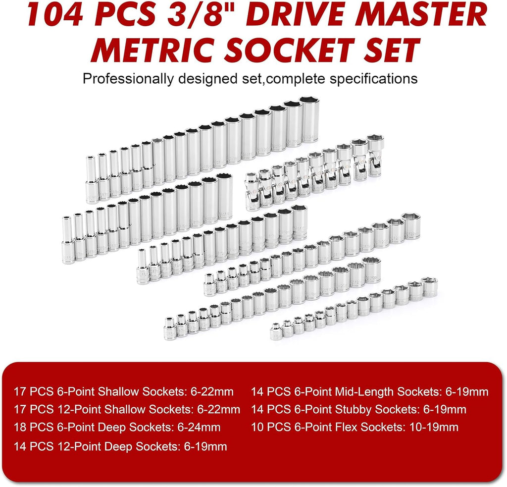 CASOMAN 104 PCS 3/8' Drive Master Impact Socket and Flex Socket Set, Include Deep, Mid-Length, Shallow & Stubby Socket, 6-Point & 12-Point, Metric, CR-V