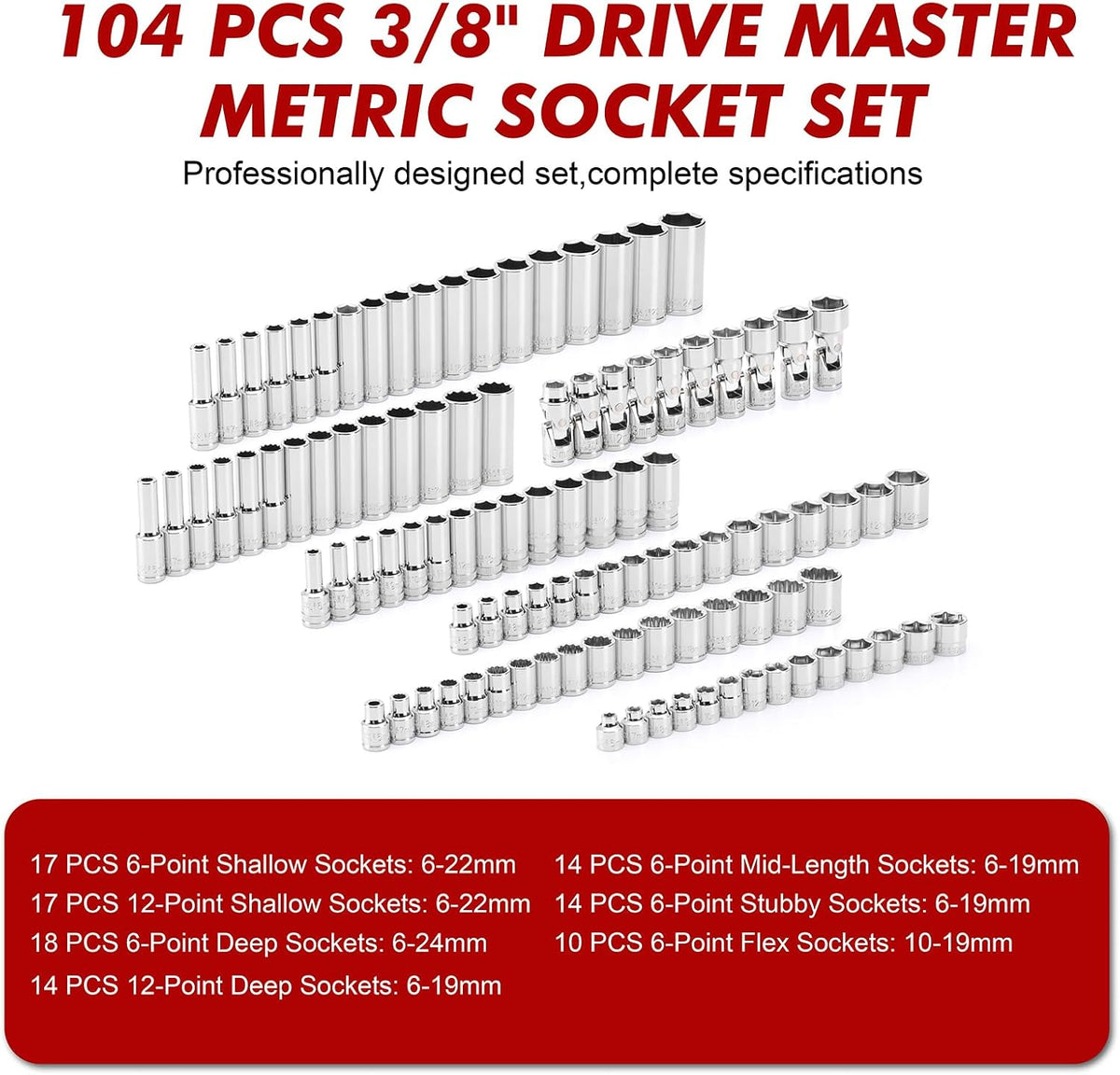 CASOMAN 104 PCS 3/8' Drive Master Impact Socket and Flex Socket Set, Include Deep, Mid-Length, Shallow & Stubby Socket, 6-Point & 12-Point, Metric, CR-V