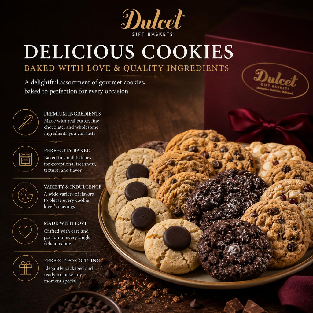 Dulcet Gourmet Snack & Dessert Gift Basket Deluxe Edition – Fresh Baked Assorted Pastries, Cookies, Brownies & Belgium Chocolates - Beautifully Packaged Bakery Assortment for All Gifting Occassions