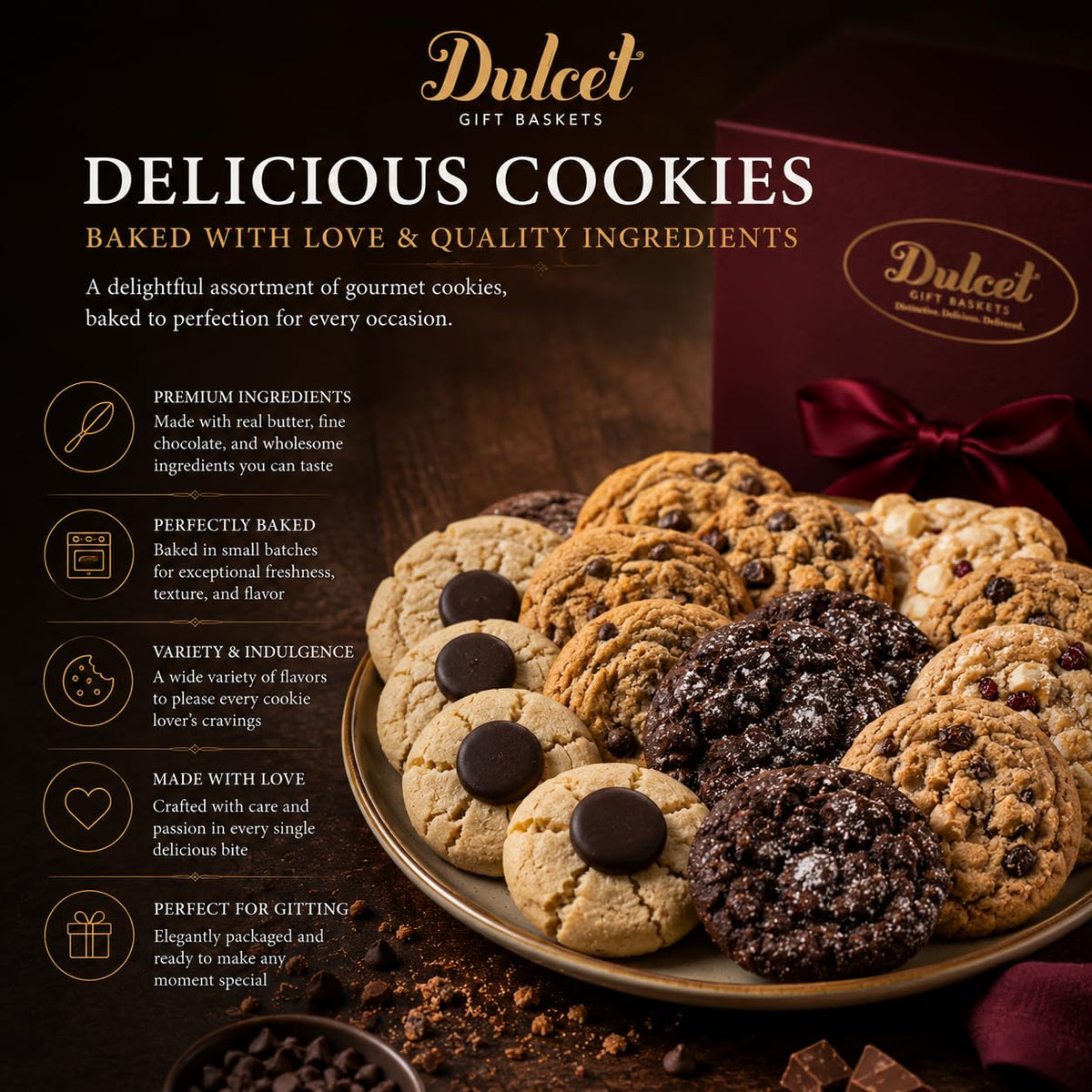 Dulcet Gourmet Snack & Dessert Gift Basket Deluxe Edition – Fresh Baked Assorted Pastries, Cookies, Brownies & Belgium Chocolates - Beautifully Packaged Bakery Assortment for All Gifting Occassions