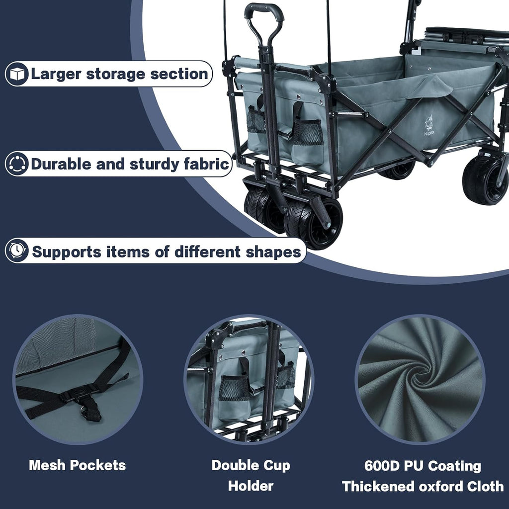 Collapsible Wagon Cart with Removable Canopy, Heavy Duty Foldable Wagon with 4' Large All Terrain Wheels, Brake, Cooler Bag, Adjustable Handles for Garden Beach Sports (Gray)