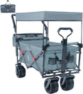 Collapsible Wagon Cart with Removable Canopy, Heavy Duty Foldable Wagon with 4' Large All Terrain Wheels, Brake, Cooler Bag, Adjustable Handles for Garden Beach Sports (Gray)