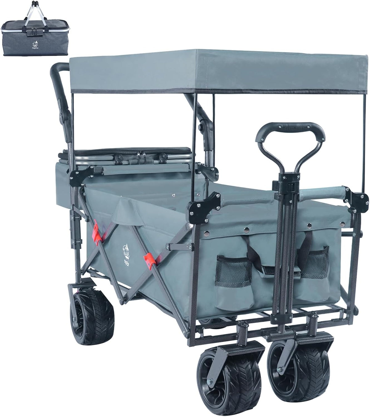 Collapsible Wagon Cart with Removable Canopy, Heavy Duty Foldable Wagon with 4' Large All Terrain Wheels, Brake, Cooler Bag, Adjustable Handles for Garden Beach Sports (Gray)