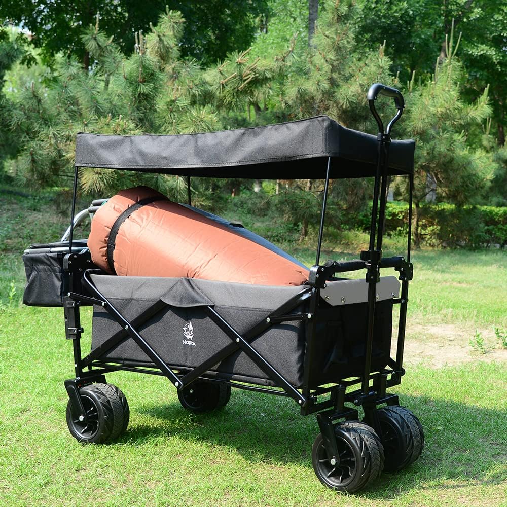 Collapsible Wagon Heavy Duty Folding Wagon Cart with Removable Canopy, 4' Wide Large All Terrain Wheels, Brake, Adjustable Handles,Cooler Bag Utility Carts for Outdoor Beach Cart Garden Wagons Carts
