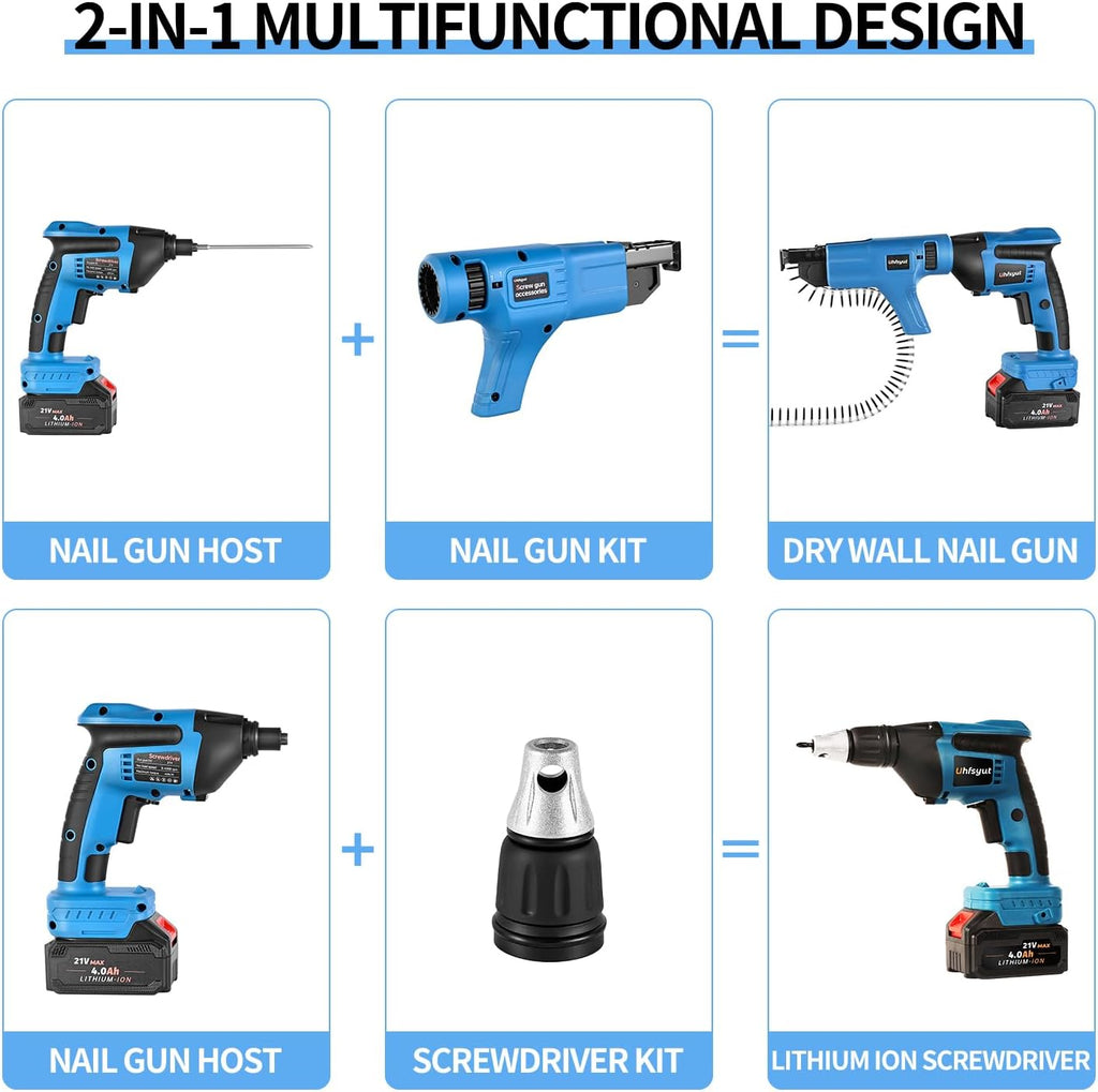 21V Cordless Drywall Screw Gun and Electric Screwdriver - 2-in-1 Self-Feeding Screwdriver, Includes Storage Toolbox and 4.0Ah Battery, Perfect for DIY and Professional Use (Battery free set)