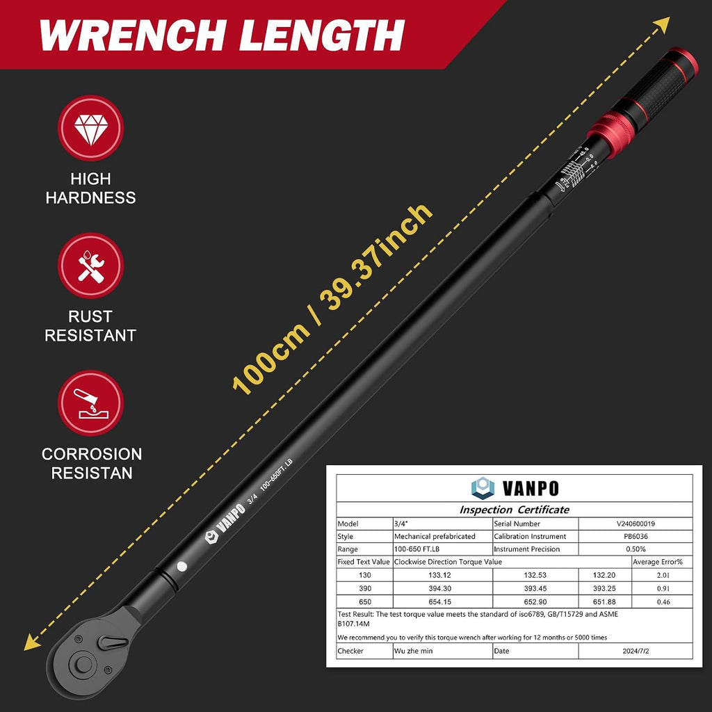 VANPO 3/4-inch Drive Click Torque Wrench, 100-650Ft-Lb/135.5-880.8Nm, Industrial Adjustable Torque Wrench Set with a Hex Key for Oil Rigs, Trucks & Off-Road Equipment