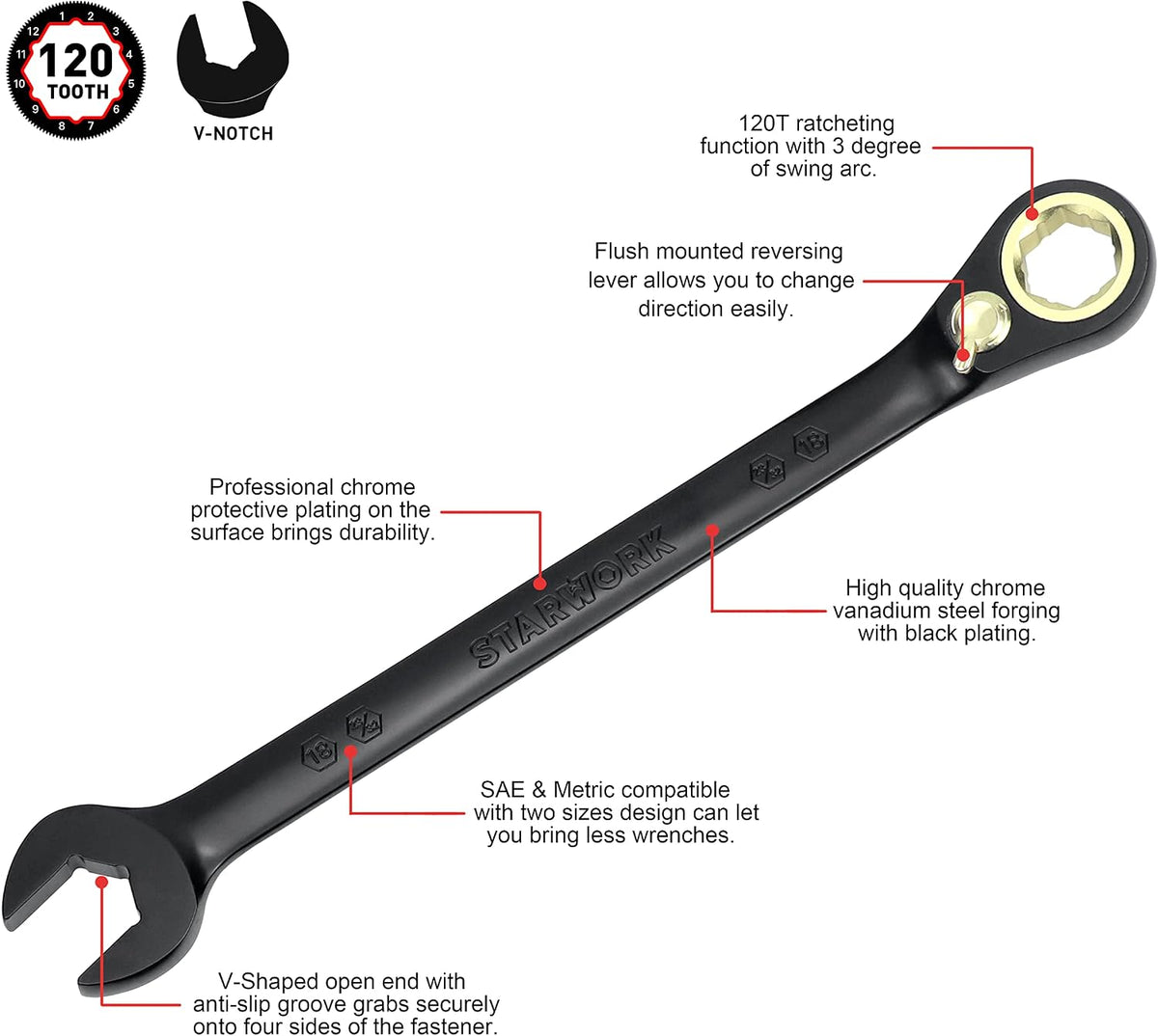 STARWORK TRUE MECHANIC™ 12-Piece 2-in-1 Reversible Ratcheting Wrench Set with Rolling Pouch, 120-Tooth, SAE&Metric