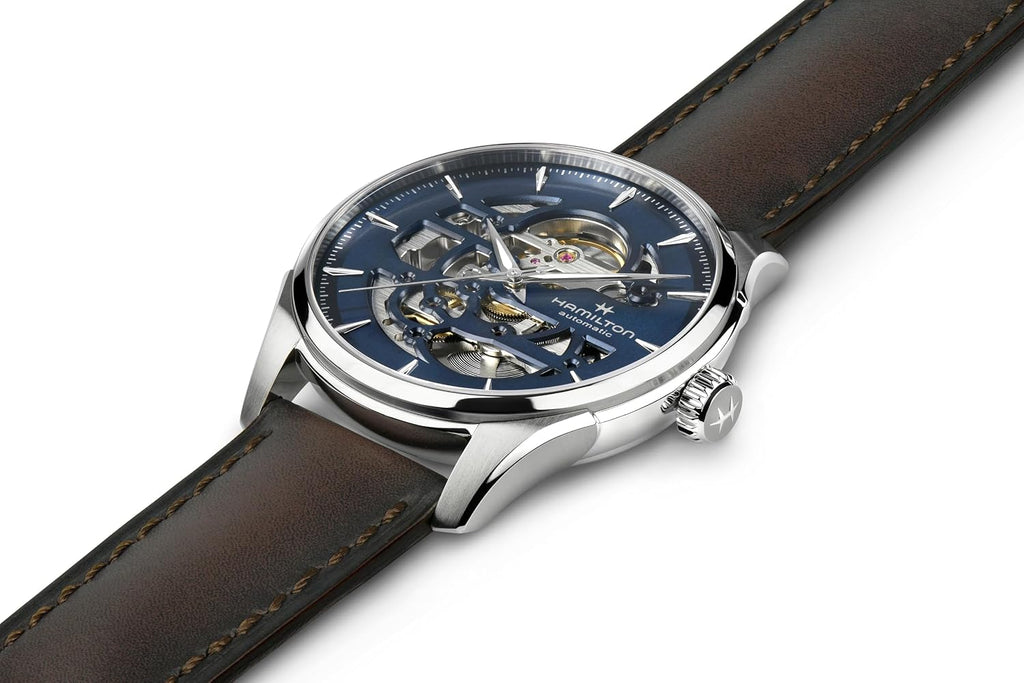 Hamilton Jazzmaster Skeleton Automatic Men's Watch, 40mm Stainless Steel Case, Swiss Made, Blue Dial Analog Wrist Watch for Men, 50m Waterproof, Sapphire Crystal, 3-Hand Movement, Cow Leather Strap