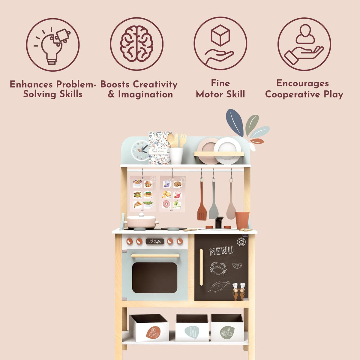 SPEEDY MONKEY Wooden Play Kitchen Set for Pretend Play | 20-Piece Kids Cooking Set with Wooden Food & Cookware Accessories | Supports Imaginative Play & Social Skill Development for Kids Ages 3+