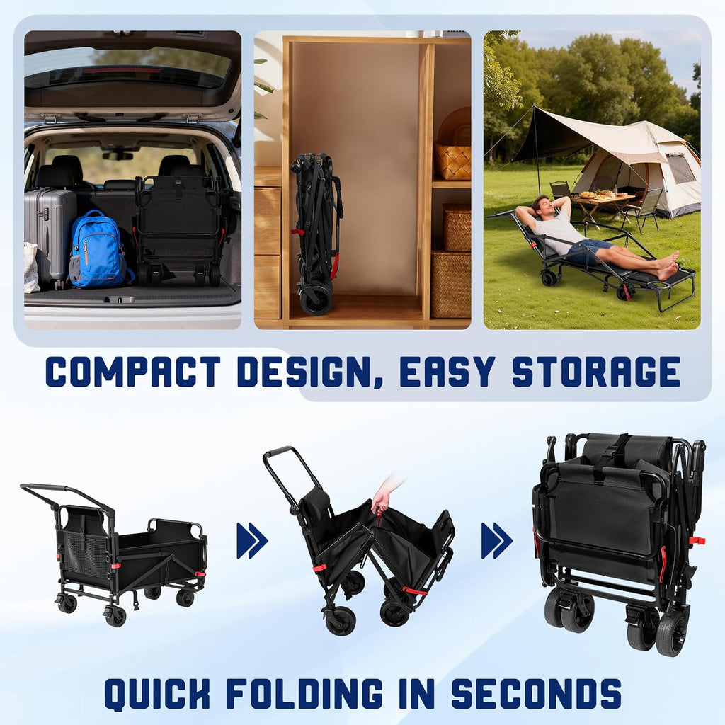 LEVELEVE Heavy Duty Folding Wagon - 2-in-1 Collapsible Cart, 400lb Capacity, All-Terrain Wheels w/Brakes & Side Pockets (Black)