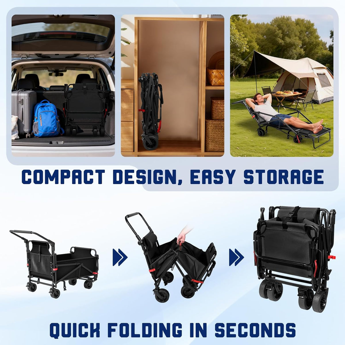 LEVELEVE Heavy Duty Folding Wagon - 2-in-1 Collapsible Cart, 400lb Capacity, All-Terrain Wheels w/Brakes & Side Pockets (Black)