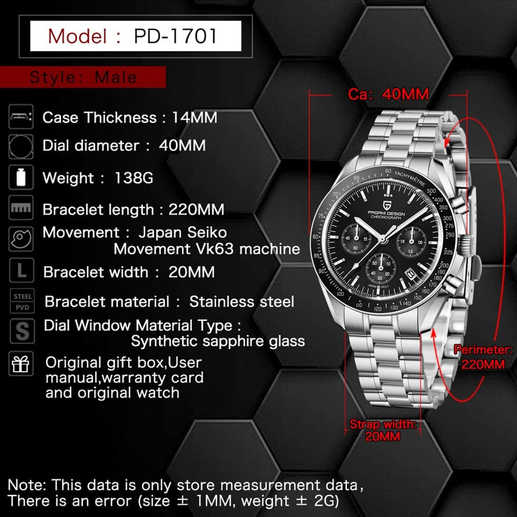 Pagani Design 1701 V3 Men's Chronograph Quartz Dial 40mm VK63 Movement Stainless Steel Mirror Sapphire Watch 100 Meter Water Resistant Sport Watch