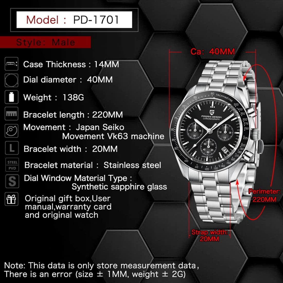 Pagani Design 1701 V3 Men's Chronograph Quartz Dial 40mm VK63 Movement Stainless Steel Mirror Sapphire Watch 100 Meter Water Resistant Sport Watch