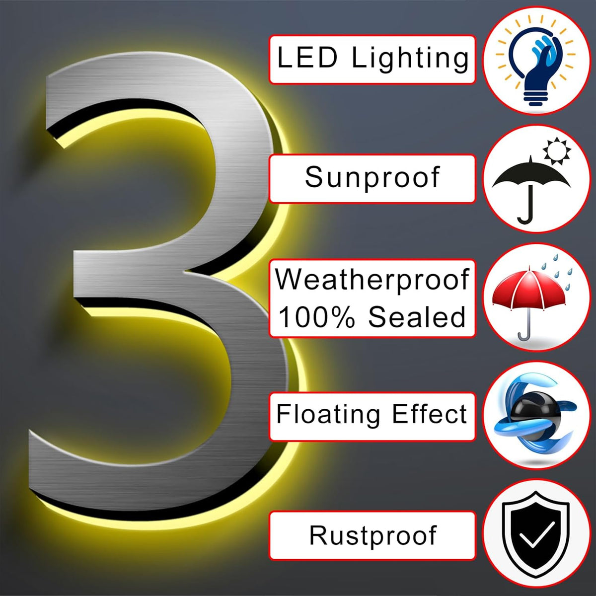 Illuminated Address Number For Outside, Backlit LED Address Numbers For House, Stainless Steel Lighted Up House Numbers, Waterproof, Weather Resistant,16 Inch/400mm,1