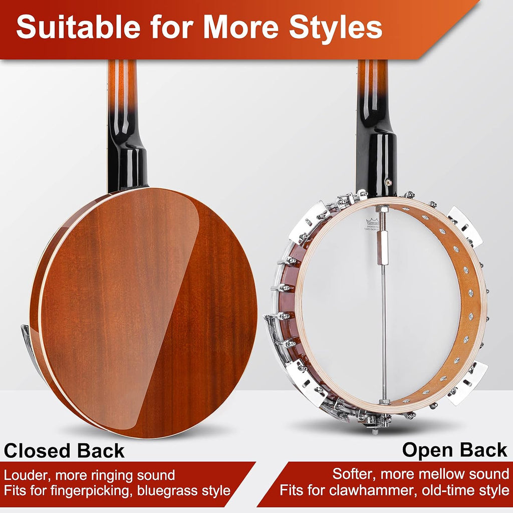 Vangoa LEFT-HANDED Banjo 5 String Mahogany Open Back Banjo with Resonator, Remo Drum Head, Geared 5th String Beginner Kit with Manual, Full Size