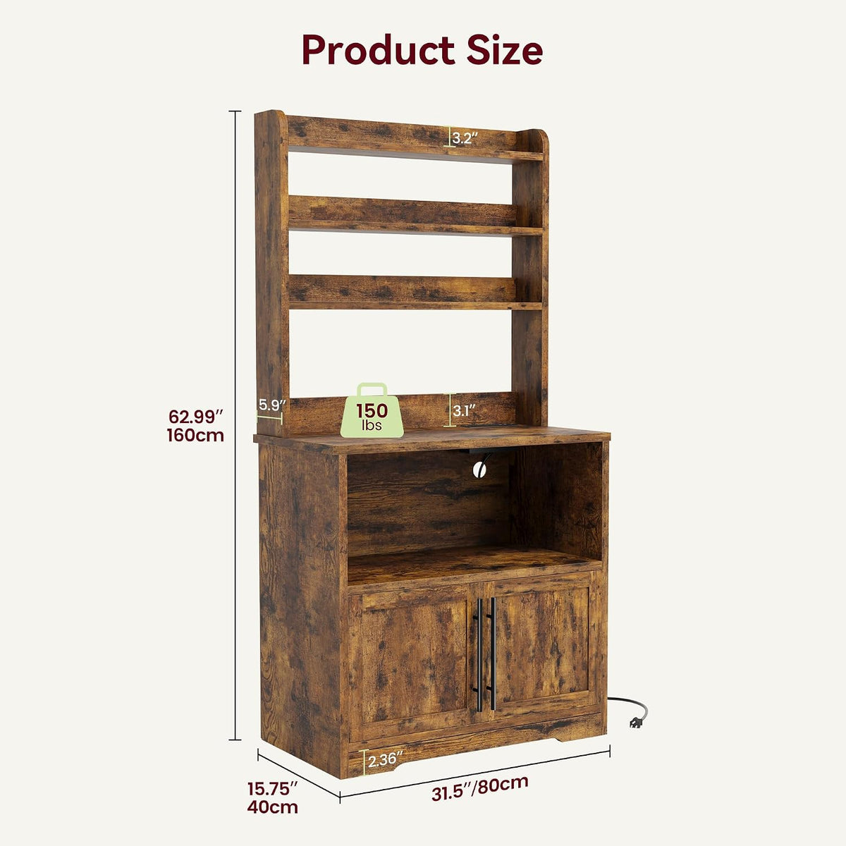 Bakers Rack with Storage Cabinet, Farmhouse Microwave Stand with Power Outlets, Small Kitchen Bakers Rack with Thick Table Top, Coffee Bar Station for Dining Room, Retro Brown