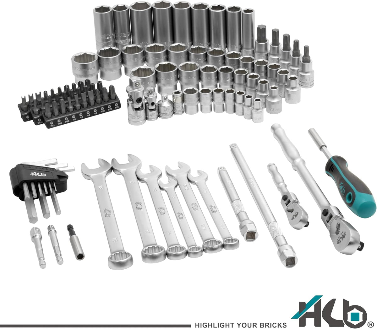 HB 100-Piece Socket Set AKX010-U, 90-Tooth Flex Head Ratchets 3/8'&1/4' Drive, Non-Slip Metric SAE Sockets, Deep & Standard, Impact Adapter, Wrenches, Torx Hex Bits, Tri-Fold Case, Made in Taiwan