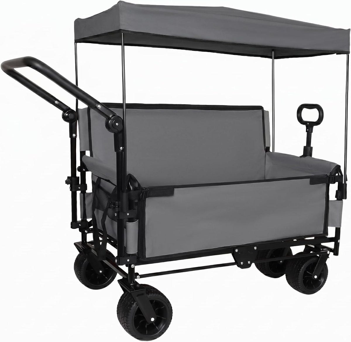 ZeHuoGe 3-in-1 Folding Wagon Cart with Bench Seat & Canopy & Storage, 500lbs Heavy-Duty, 180L Capacity, All-Terrain Wagon for Camping, Beach, Sports, & Garden (Gray+Black Frame)