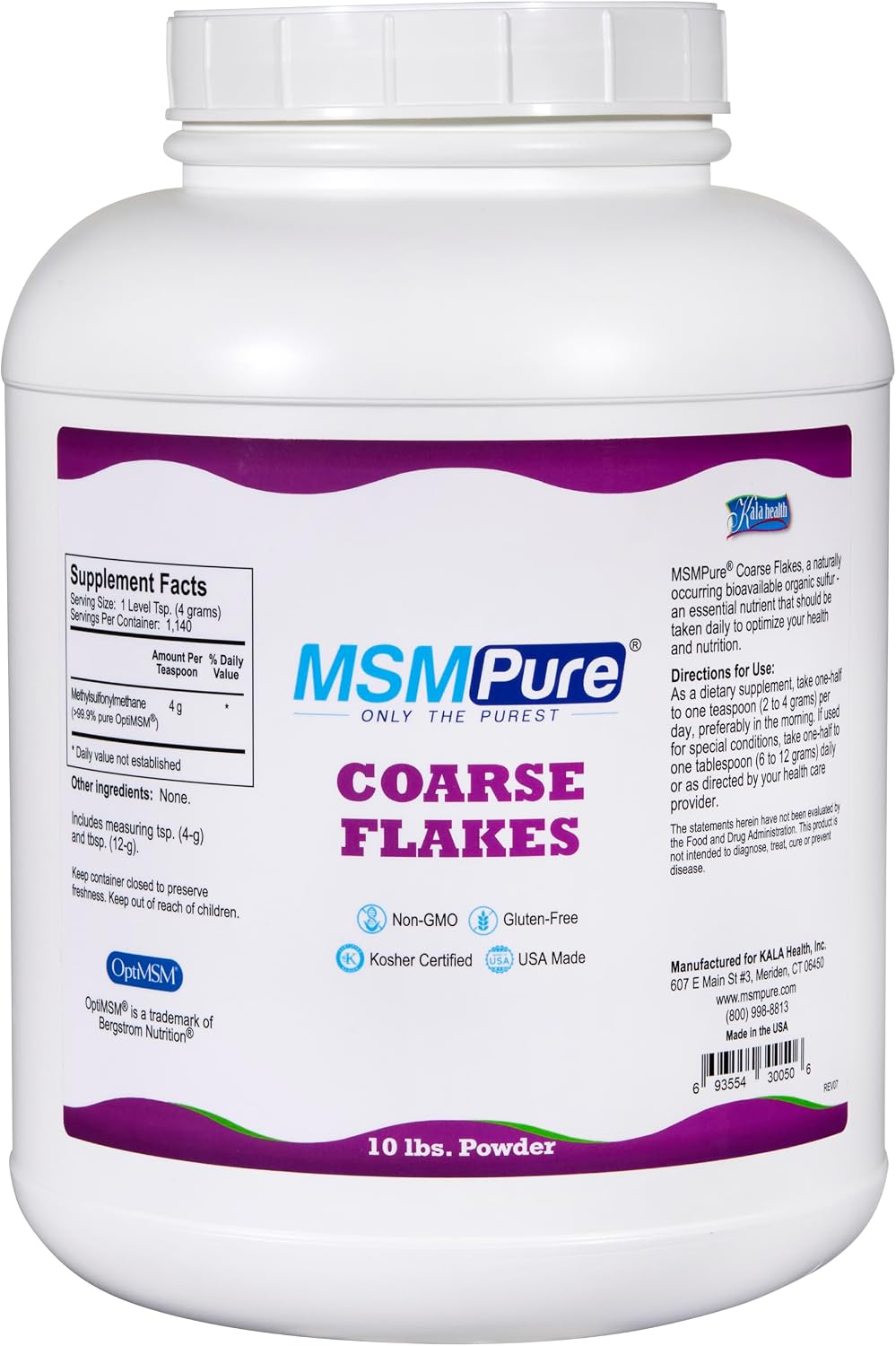 KALA HEALTH MSMPure Coarse MSM Powder Flakes – US-Made MSM for Joint Health, Skin Appearance, and Hair & Nail Support – 10 lb, Organic Sulfur