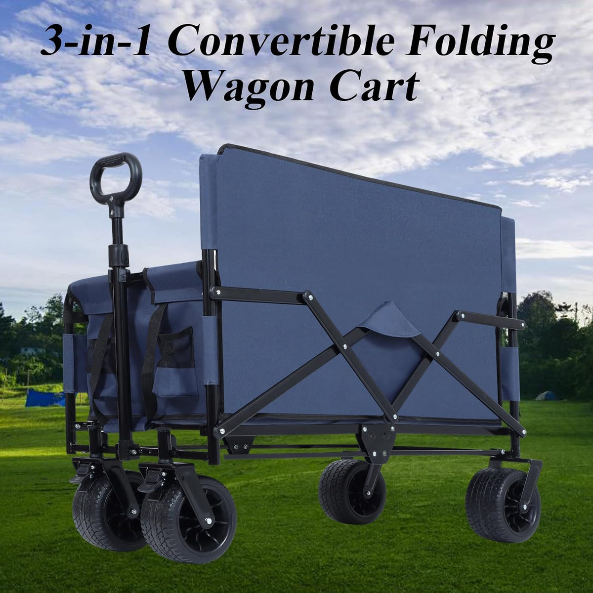 3-in-1 Convertible Folding Wagon Cart with Bench Seat & Storage - 500lbs Heavy-Duty Utility Wagon, 180L Capacity All-Terrain Wheels for Camping, Beach, Sports, Garden (Blue)