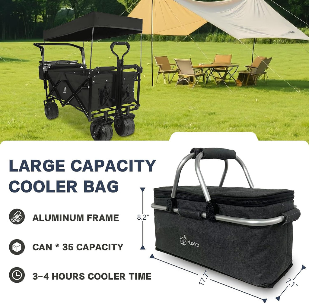 Collapsible Wagon Cart with Removable Canopy, Heavy Duty Foldable Wagon with 4' Large All Terrain Wheels, Brake, Cooler Bag, Adjustable Handles for Garden Beach Sports (Black)