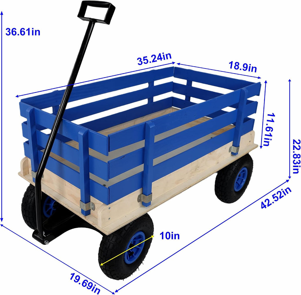 ZeHuoGe Outdoor Sport Wooden Wagon All Terrain Pulling with Removable Wooden Side Panels Rubber Inflatable Tires, Pull-Along Wagons (Blue)