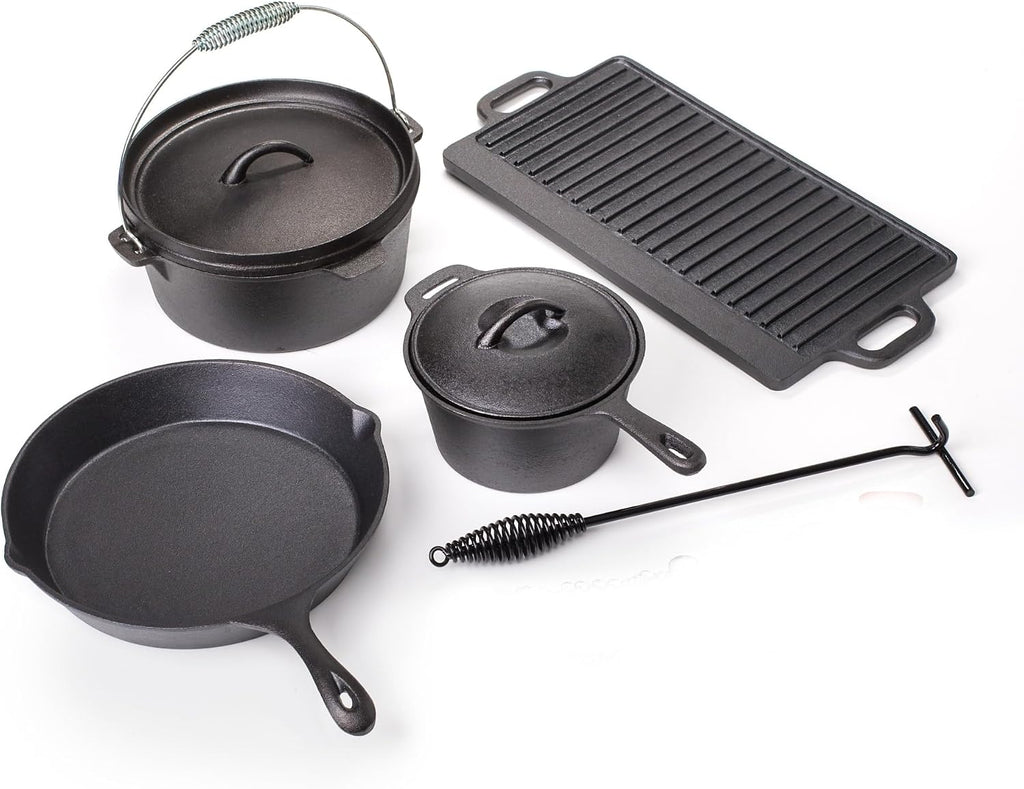 Lehman's Prospector's Iron Cookware Camping Dutch Oven Set 8 Pieces Wood Box