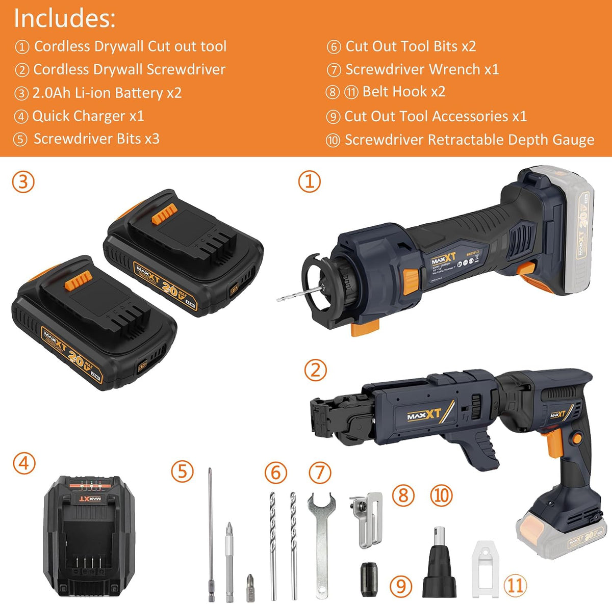 MAXXT 20V Brushless Drywall Screw Gun (Tool Only) – 2-in-1 Screwdriver & Router, 0-5 000 RPM, One-Hand 25-57 mm Quick-Set, 360° Rotating Head, Tool-Free Depth, Drywall Cut-Out Bit Included