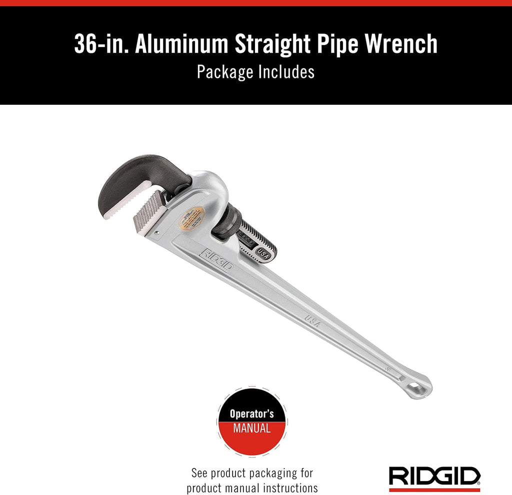 RIDGID 31110 Model 836 36' Aluminum Straight Pipe Wrench with 5' Pipe Capacity, 40% Lighter Aluminum Straight Plumbing Wrench with I-Beam Handle