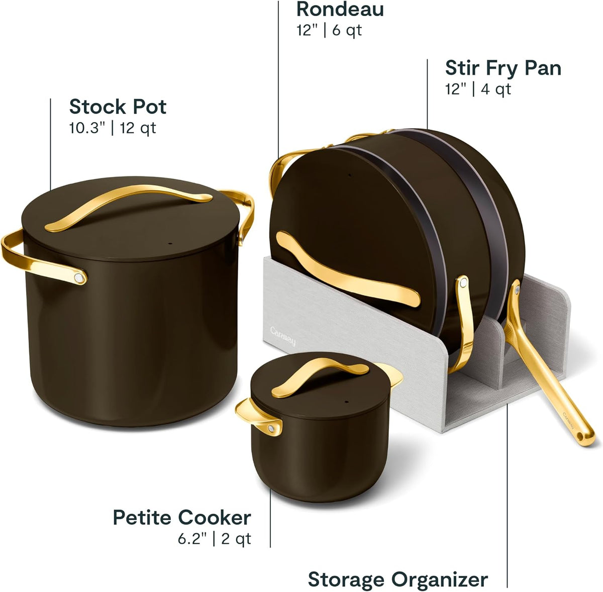 Caraway Cookware+ Collection - Specialty Cookware Set - Petite Cooker, Stir Fry Pan, Rondeau, & Stock Pot - 3 Lids & Storage Organizer Included - Black