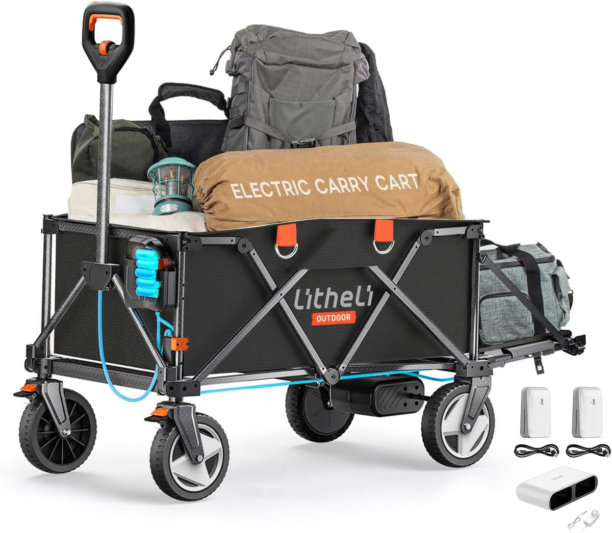 Litheli Electric Wagon Cart with 2 Batteries & Charger, All-Terrain Wheels & Variable Speed | 200L Capacity, 300 lbs Heavy-Duty Utility Wagon for Camping Beach Garden Shopping, Black
