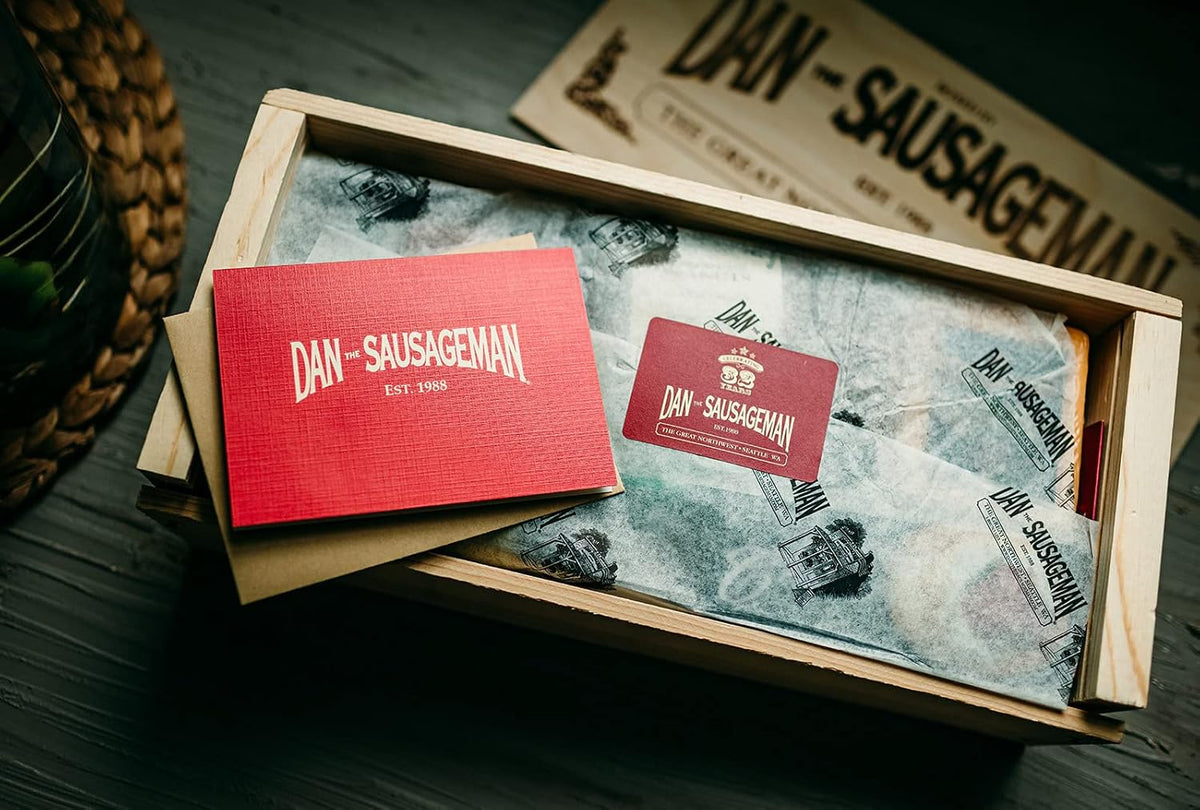 Dan the Sausageman's Signature Gift (Favorite) Gourmet Gift Basket Featuring Smoked Summer Sausage, Savory SeaBear Salmon, Wisconsin Cheese, Sweet Hot Mustard, and a Reuseable Keepsake Wood Pine Crate