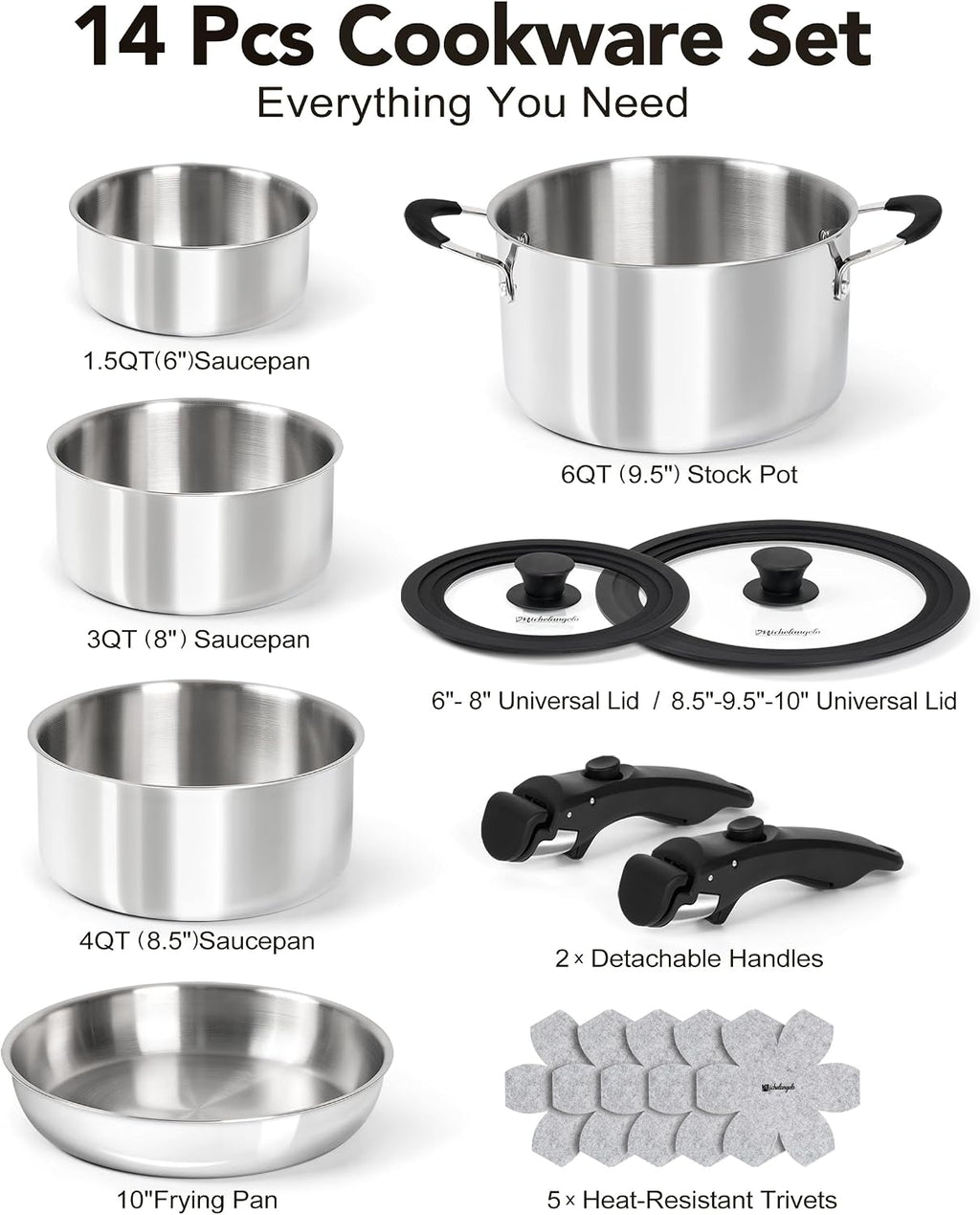 Michelangelo 14pcs Tri-Ply Stainless Steel Cookware Set with Detachable Handles, Stackable Pots and Pans Set for RVs, Small Kitchens & Apartments, Induction Compatible, Oven Safe, No Coating & No PFAS