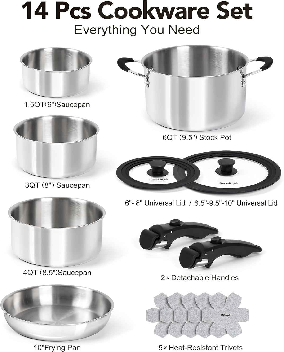 Michelangelo 14pcs Tri-Ply Stainless Steel Cookware Set with Detachable Handles, Stackable Pots and Pans Set for RVs, Small Kitchens & Apartments, Induction Compatible, Oven Safe, No Coating & No PFAS