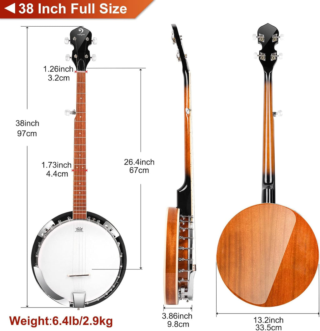 Vangoa Banjo 5 String Beginner Full Size Kit, Remo Head 24 Bracket Open Back Banjo Set with Resonator Starter Kit Gift Choice for Adults Youth Teen Beginner