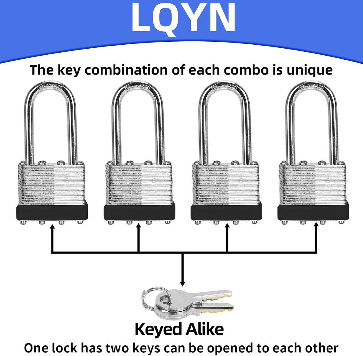 Padlocks with Same Key, LQYN 100 Pcs Laminated Keyed Padlock (1-9/16', 40mm), Keyed Alike Locks, Long Shackle, for Storage Locker, Hasp Latch, Toolbox, Sheds