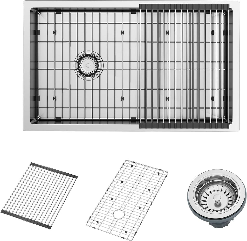 JOMOO 30'x18' Undermount Kitchen Sink, 304 Stainless Steel Handmade Single Bowl Deep Basin Sink with Accessories, Round Corners, Ideal for Kitchen, Bar, Laundry, RV