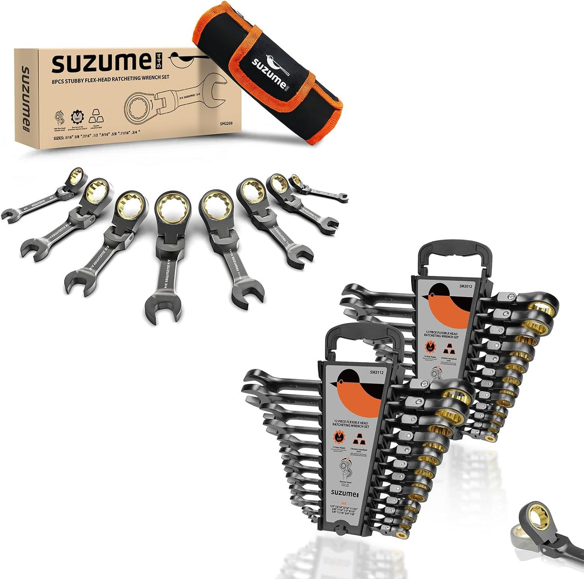 SUZUME 8PCS SAE Stubby Wrenches Set & 24PCS Metric and SAE Flex Head Ratcheting Wrench set 6PCS (8-19mm)