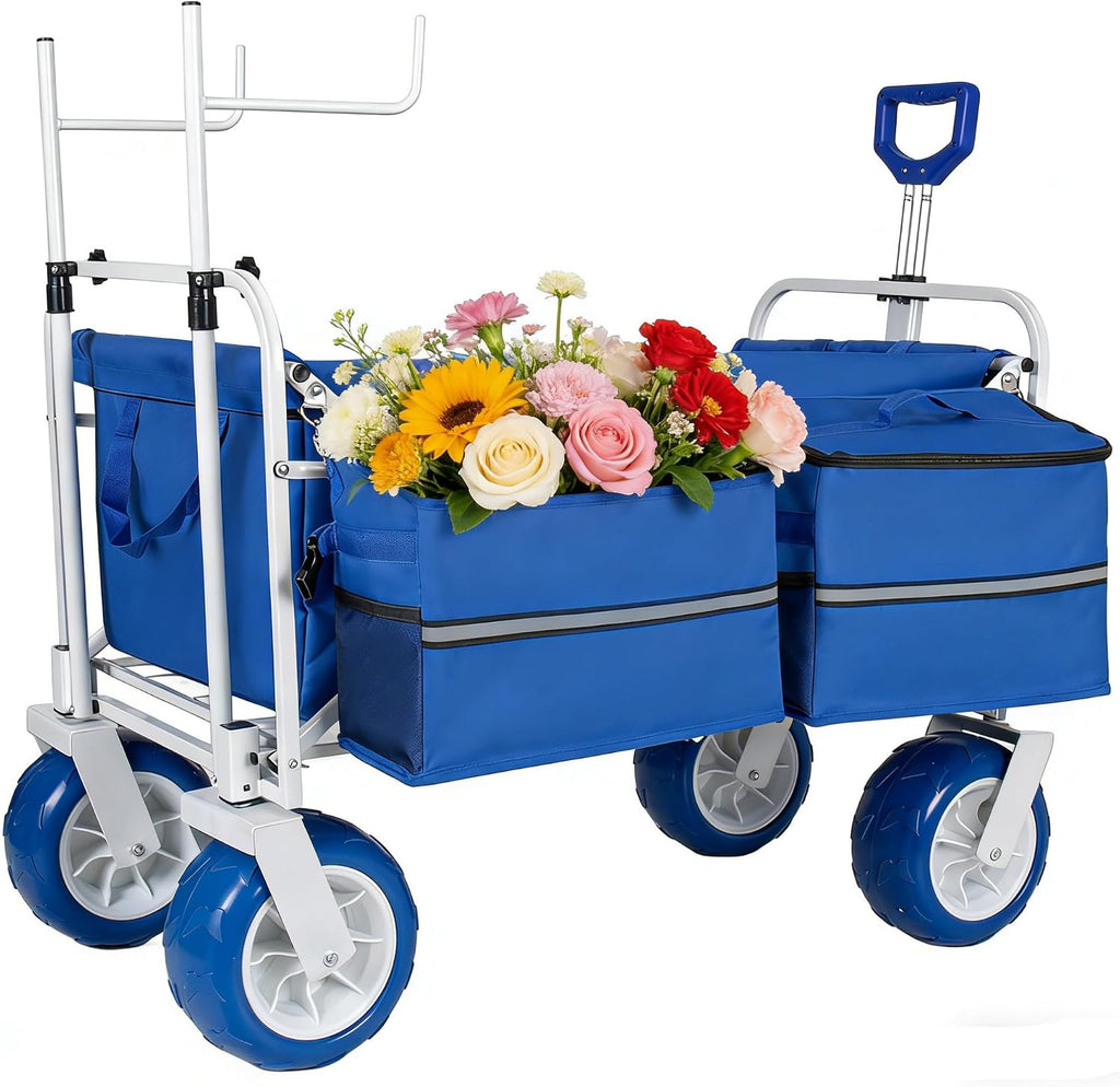 500lbs Heavy-Duty Beach Wagon Cart.9 All-Terrain Wheels,Adjustable Handle,Folding Chair Racks,Insulated Cooler Bags &Multi-Pocket Storage for Beach,Camping &Outdoor Sports.Collapsible Utility Wagon