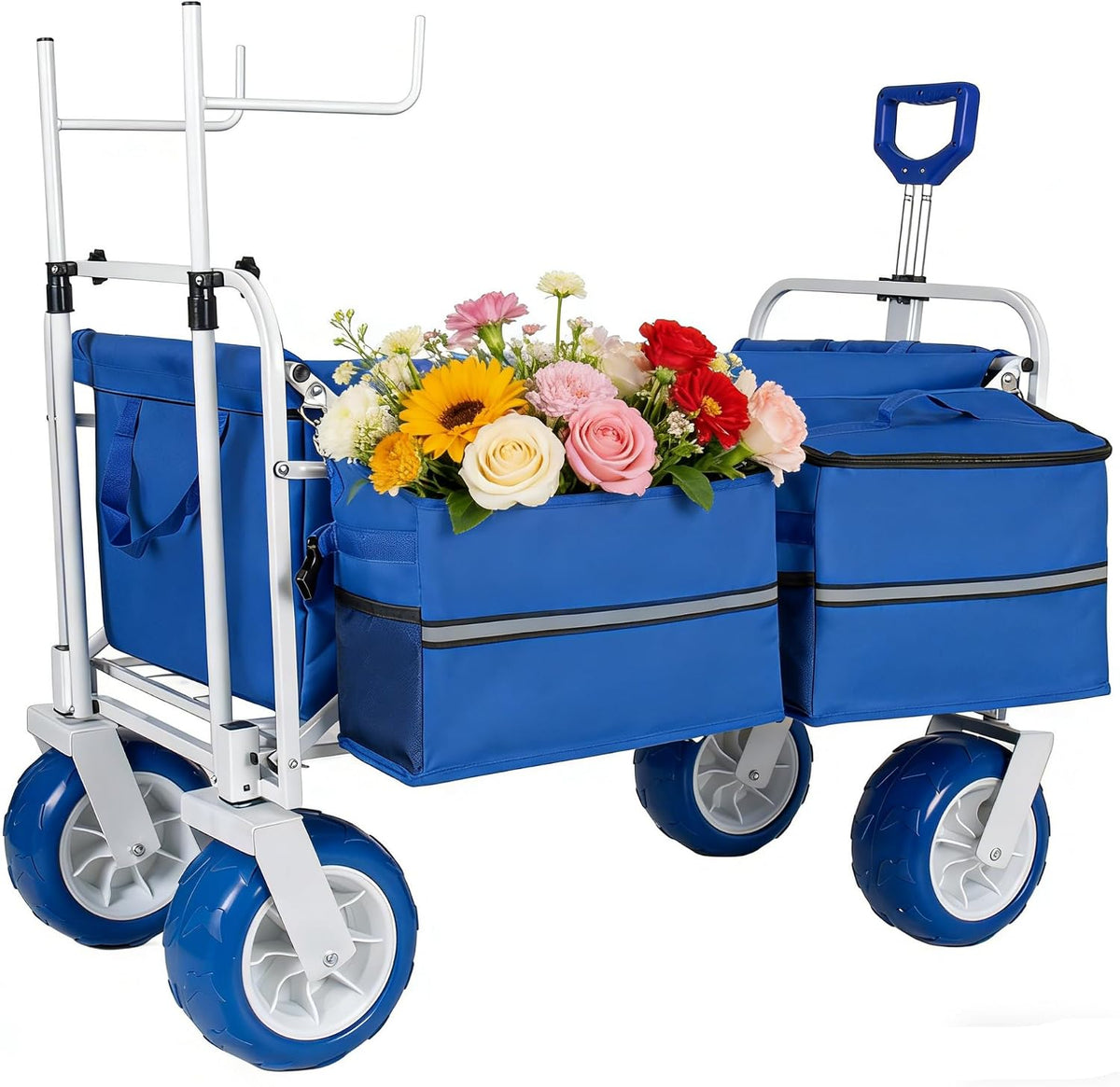 500lbs Heavy-Duty Beach Wagon Cart.9 All-Terrain Wheels,Adjustable Handle,Folding Chair Racks,Insulated Cooler Bags &Multi-Pocket Storage for Beach,Camping &Outdoor Sports.Collapsible Utility Wagon