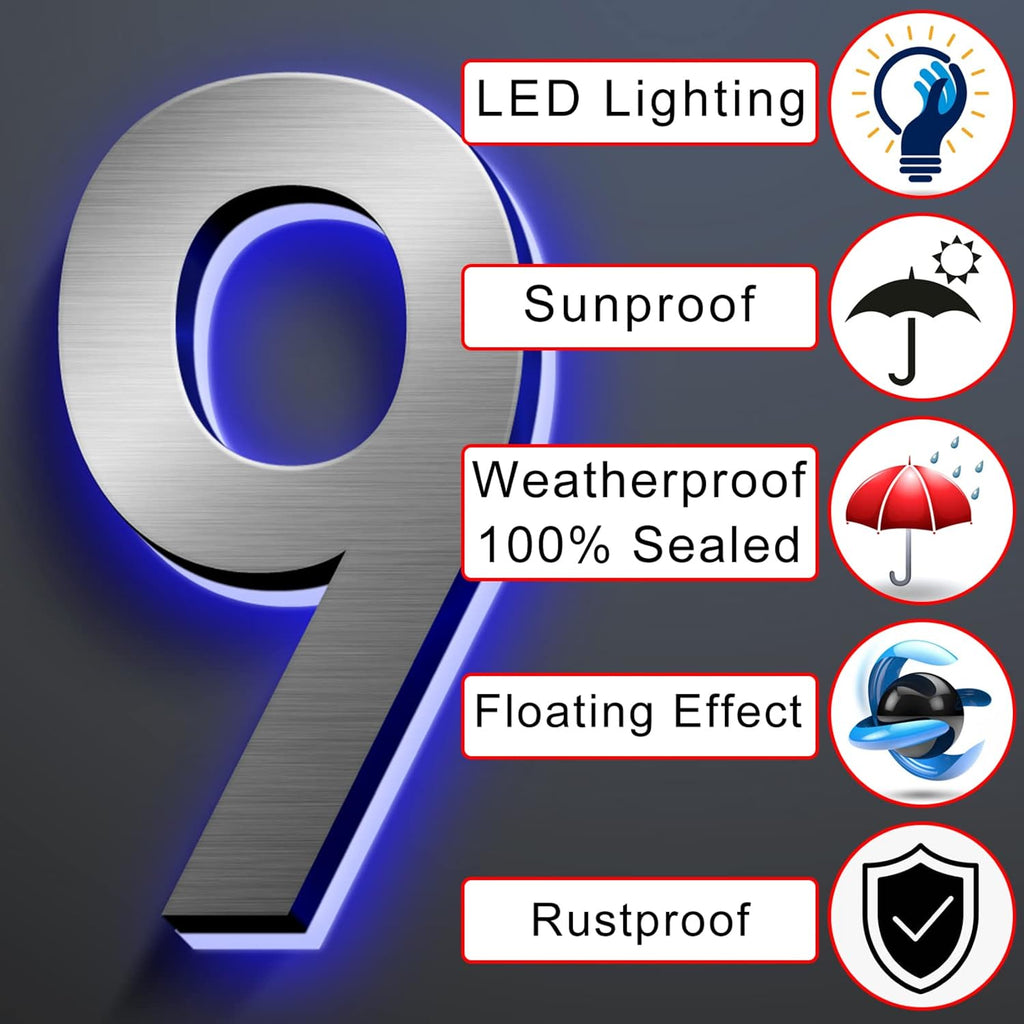 Backlit Illuminated LED House Number Sign, Brushed Silver, Lighted Address Number For House/Home/Yard, LED Address Sign, Waterproof Outdoor/Indoor, Day & Night,14 Inch/35cm,I